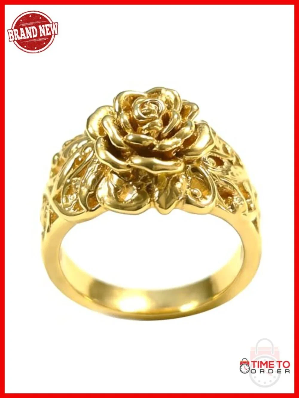925 Sterling Silver Gold Plated Rose Ring Dainty Vintage Filigree 3D Floral Band